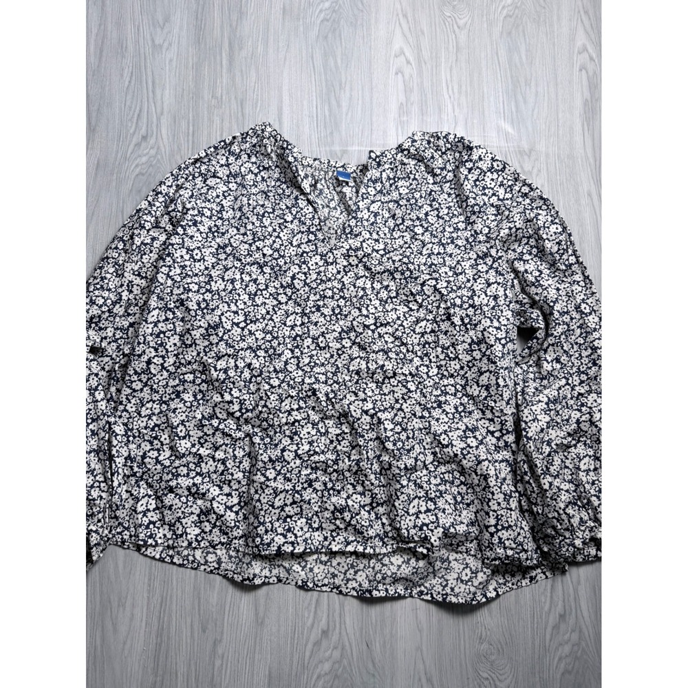 Old Navy Womens Large Floral‎ V-Neck Blouse Navy Blue White Cotton Long Sleeve